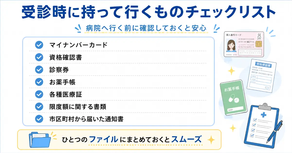 マイナンバーカード、資格確認書、診察券、お薬手帳、医療証など受診時に持って行くものをまとめたチェックリスト画像