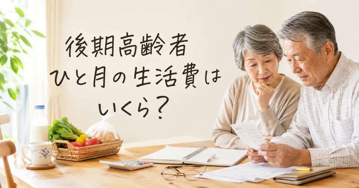 後期高齢者の夫婦が家計簿やレシートを見ながらひと月の生活費を確認している画像