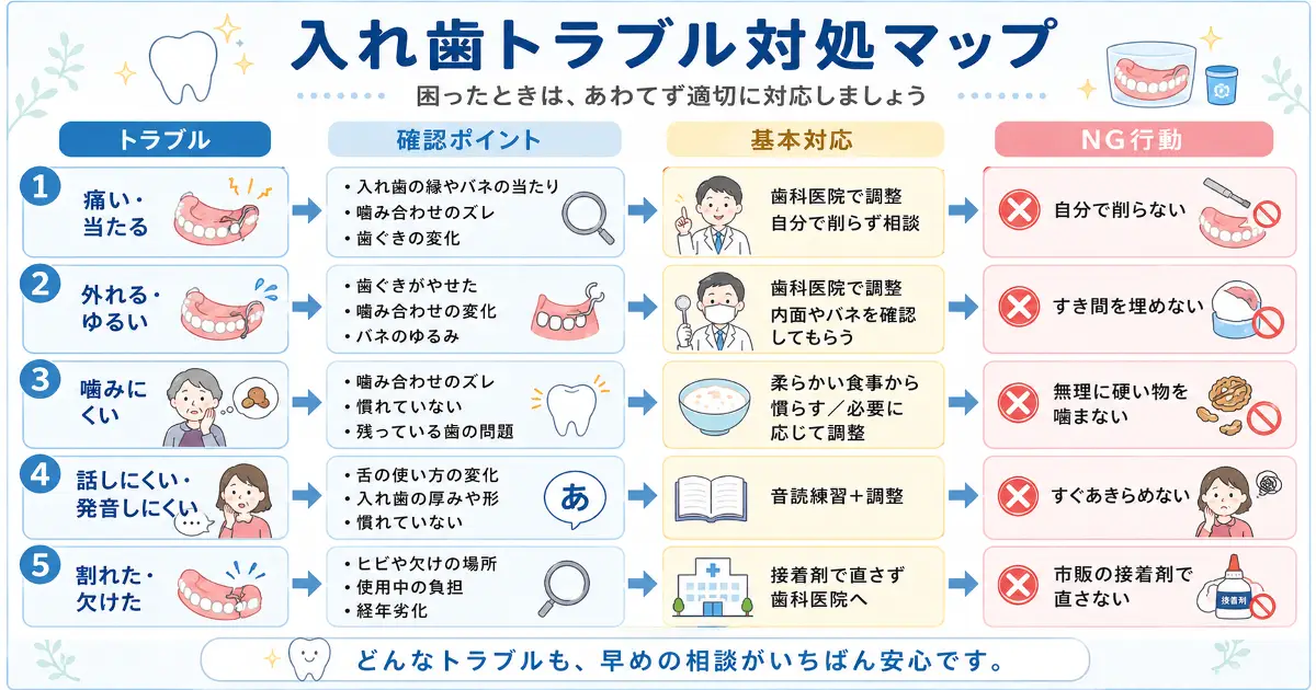 入れ歯が痛い外れる噛みにくい話しにくい割れたときの対処法をまとめたトラブル対処マップ画像